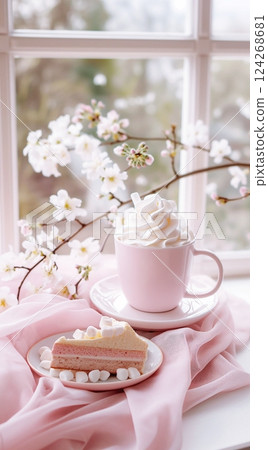 Cup of hot chocolate with marshmallows and pink knitted blanket on windowsill, fresh flowers in vase, romantic atmosphere. 3d rendering. 124268681