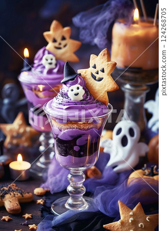 Halloween dessert of purple berry mousse in glasses, decorated with gingerbread cookies and witch hat, burning candles and toy ghosts on dark background Halloween dessert of purple berry mousse in glasses, decorated with gingerbread cookies and witch hat, burning candles and toy ghosts on dark background 124268705