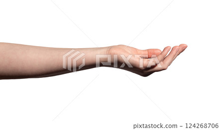 Female hand in a cupped gesture, palm up and slightly curved, symbolizing offering or receiving. 124268706
