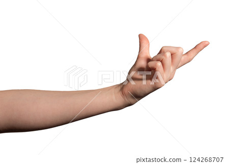 Female hand holding an invisible large object between the thumb and index finger, symbolizing grip, 124268707