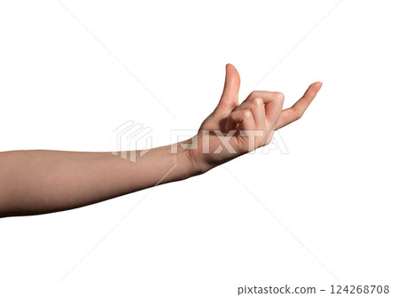 Female hand holding an invisible large object between the thumb and index finger, grip, grasp. Female hand holding an invisible large object between the thumb and index finger, grip, grasp. 124268708