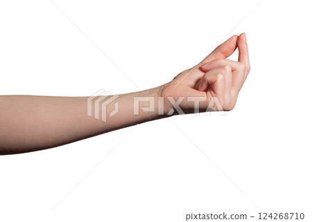Female hand delicately pinching a tiny invisible object between the thumb and index finger, Female hand delicately pinching a tiny invisible object between the thumb and index finger, 124268710