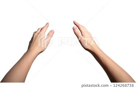 Both hands outstretched in a grasping gesture, fingers spread and reaching forward as if to catch or Both hands outstretched in a grasping gesture, fingers spread and reaching forward as if to catch or 124268738