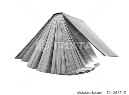 An open hardcover book with pages fanned, showcasing knowledge, literature, education, and study. 124268745