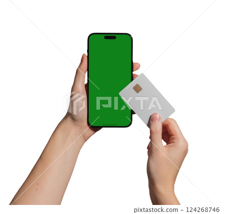 A young woman holding smartphone in hand with credit card for secure payment. Digital transaction A young woman holding smartphone in hand with credit card for secure payment. Digital transaction 124268746