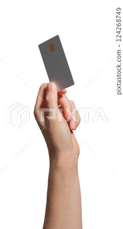 A young woman holding a blank credit or debit card in a horizontal position. Concept of cashless A young woman holding a blank credit or debit card in a horizontal position. Concept of cashless 124268749