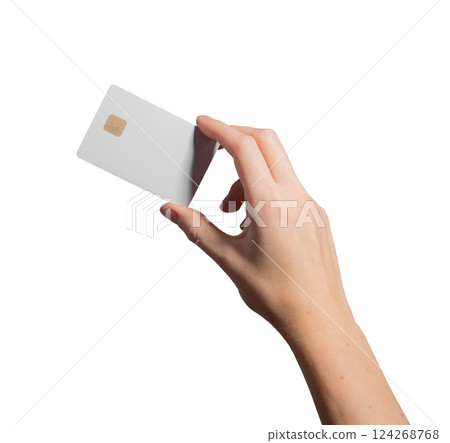 Woman holding blank credit card, payment and finance concept. Online shopping, banking transaction, 124268768