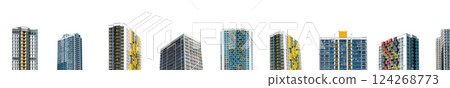Set of modern high-rise buildings, residential and commercial architecture, real estate investment, 124268773