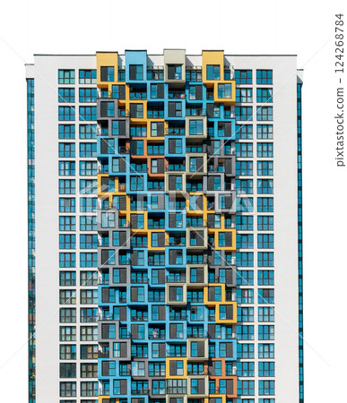 Modern apartment building with colorful facade, urban architecture, and residential development. 124268784