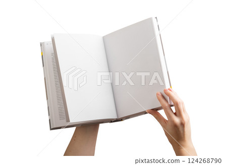Hands holding open book with blank pages, reading and education concept. Literature, knowledge, 124268790
