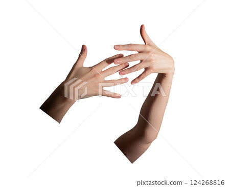 Well-groomed female hands with neatly polished nails intertwined elegantly. Minimalist beauty, Well-groomed female hands with neatly polished nails intertwined elegantly. Minimalist beauty, 124268816