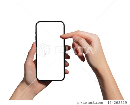 Smartphone in female hand presenting blank screen. User holding mobile device for mockup, Smartphone in female hand presenting blank screen. User holding mobile device for mockup, 124268819