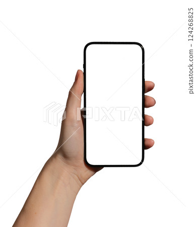 Phone in hand, woman holding smartphone, displaying screen. Blank space for advertising promotion, Phone in hand, woman holding smartphone, displaying screen. Blank space for advertising promotion, 124268825