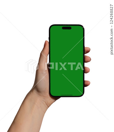 Phone held in hand, displaying screen with green chromakey. Woman presenting smartphone, showcasing Phone held in hand, displaying screen with green chromakey. Woman presenting smartphone, showcasing 124268827