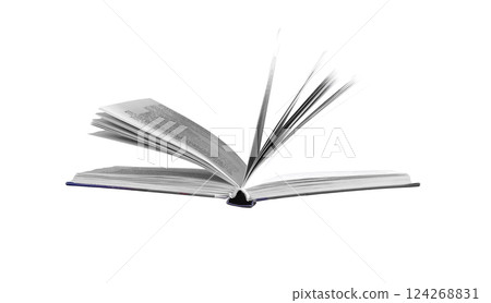 Open book, flipping pages on white background. Modern hardcover, yellowed pages symbolizing Open book, flipping pages on white background. Modern hardcover, yellowed pages symbolizing 124268831
