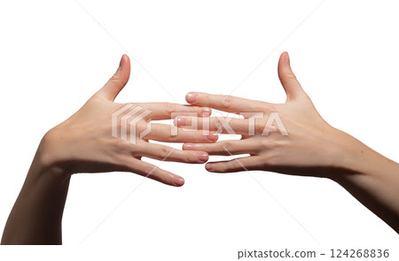 Hands with neatly groomed short nails intertwined in an elegant pose. Glossy, polished nails and Hands with neatly groomed short nails intertwined in an elegant pose. Glossy, polished nails and 124268836