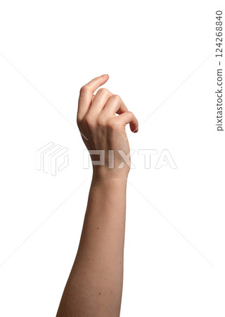Hand with slightly curved index finger making a pressing or tapping gesture. Gesture symbolizing Hand with slightly curved index finger making a pressing or tapping gesture. Gesture symbolizing 124268840