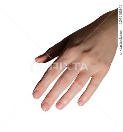 Hand with short, neat nails, showcasing natural, polished manicure. Shiny, clean, and healthy 124268842