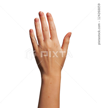 Hand raised in greeting, fingers open, waving with suntan visible on wrist and arm. Sign of Hand raised in greeting, fingers open, waving with suntan visible on wrist and arm. Sign of 124268859