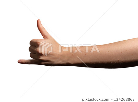 Hand making the shaka sign with thumb and pinky extended, symbolizing aloha, surfing, and relaxation 124268862