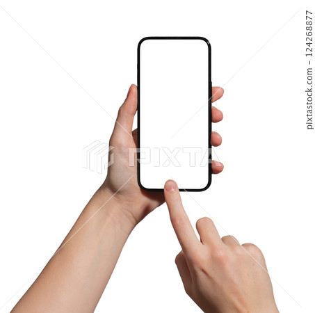 Hand holding a smartphone with a blank screen, index finger tapping to capture or interact. Ideal 124268877
