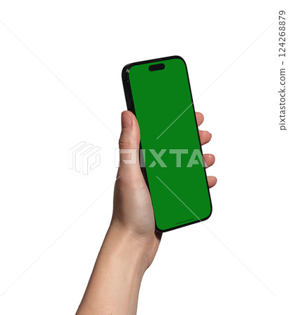 Hand holding a smartphone with a blank green chromakey screen, tilted for a dynamic perspective. Hand holding a smartphone with a blank green chromakey screen, tilted for a dynamic perspective. 124268879