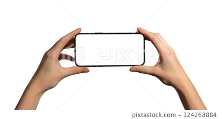 Hand holding a smartphone horizontally with a blank screen, perfect for video, gaming, and app 124268884
