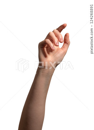 Female hand with slightly curved index finger reaching forward, making a tapping or picking gesture. Female hand with slightly curved index finger reaching forward, making a tapping or picking gesture. 124268891
