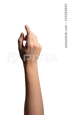 Female hand with slightly curved index finger making a pressing or selecting gesture. Natural wrist 124268893