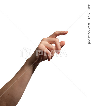 Female hand with outstretched index finger making a pointing or selecting gesture. Slightly curved 124268895