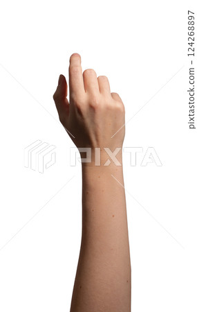 Female hand with index finger slightly bent, making a clicking or pressing gesture. Thumb positioned 124268897