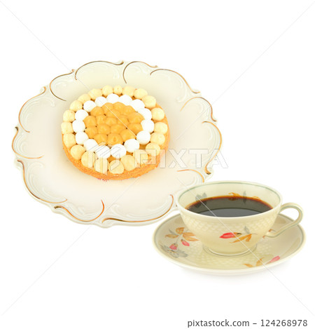 Birthday cake on a vintage porcelain dish and Coffee in vintage porcelain cup isolated on a white background. Birthday cake on a vintage porcelain dish and Coffee in vintage porcelain cup isolated on a white background. 124268978