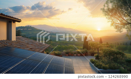 3D rendering of a modern cozy house with solar panels on the roof, against the backdrop of a beautiful landscape 124268990