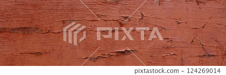 Wide brown wooden painted surface damaged by weathering .Copy space 124269014
