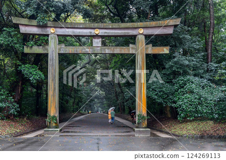 The iconic torii gate of Meiji Shrine in Tokyo stands amid a dense forest 124269113