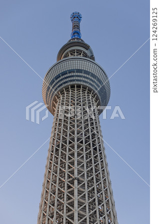 Tokyo Skytree captured from below with blue evening lights 124269125