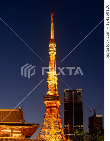 Tokyo Tower glows at night with golden lights standing between the historic Zojo-ji Temple 124269126