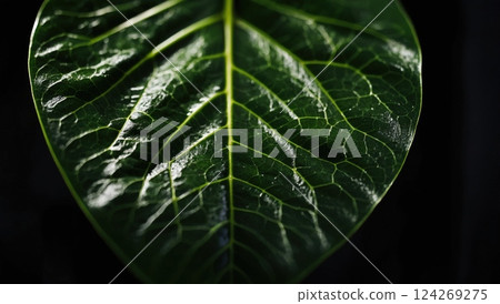 Lush Green Leaf with Intricate Veins and Dark Background 124269275