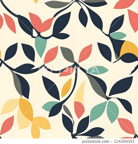 Vibrant botanical pattern displaying stylized leaves and branches in pink, yellow, and blue hues, generating playful visual rhythm on soft background 124269381