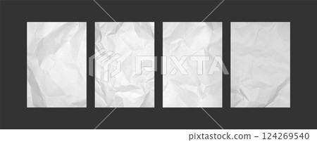 Crumpled paper sheets. Blank sheet with wrinkles, empty white pages with realistic crumpled texture. Paper with creases, trendy poster, flyer and banner templates. Vector 3d mockups 124269540