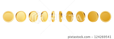 Gold coin turn around. Realistic 3D golden coins in different position, sprite sheets for game or app animation. Bingo jackpot casino poker win gambling elements. Vector set 124269541