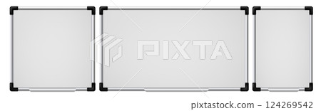 White boards. 3d realistic school or business office demonstration white board in various size. Blank empty magnetic board, information display vector mockups 124269542