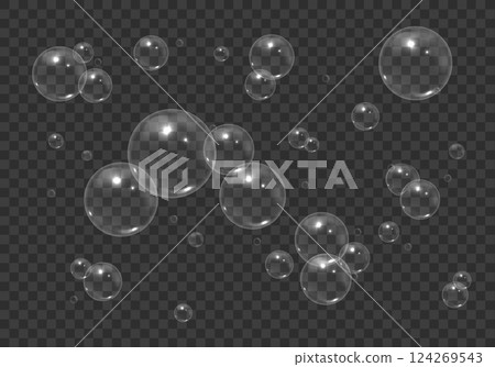Air bubbles. Realistic flying soap or water bubbles with reflection isolated, transparent foam bubble group. Vector set 124269543