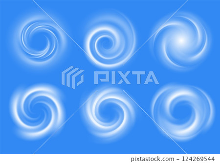 Air swirl. Swirl light effect, spiral air flow, circular vortex, cold wind conditioner stream. Spiral blue airflow, isolated vector set 124269544