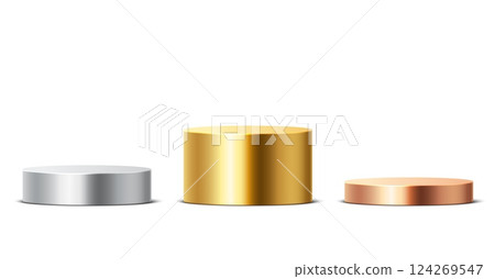 Gold, silver, bronze podiums. Cylindrical winners platform for awards or product display, empty 3d metal stages, champions pedestals. Vector isolated set Gold, silver, bronze podiums. Cylindrical winners platform for awards or product display, empty 3d metal stages, champions pedestals. Vector isolated set 124269547