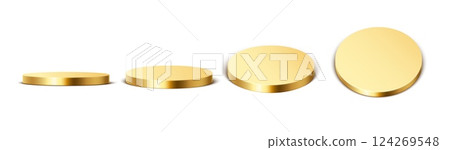 Golden round podium. Gold platform, podium. Round stage for product presentation. Golden winner stand for exhibition in different view angles. 3d metallic cylinder render vector set 124269548