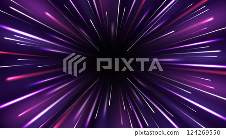 Radial motion effect. High speed light rays, zoom in motion blur effect, starburst dynamic lines and hyperspace jump. Vector abstract tunnel through space background 124269550