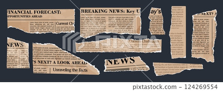 Torn newspaper. Old newspapers clipping set. Vintage paper pieces with jagged edges. Torn paper elements with typography. Ripped scraps for modern scrapbook collage. Vector set 124269554