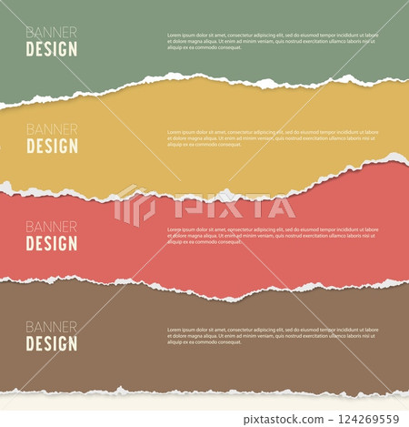 Torn paper banners. Color ripped paper strips, horizontal shreds of notebook pages. Four step infographics with torn sheets. Scraps with ripped edges. Vector banner template Torn paper banners. Color ripped paper strips, horizontal shreds of notebook pages. Four step infographics with torn sheets. Scraps with ripped edges. Vector banner template 124269559