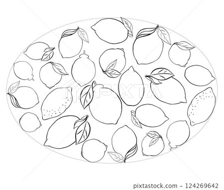 Yellow lemon with leaves oval composition. Vector graphic line ink black and white illustration on transparent background. Banner, poster, logo, sticker, print, modern textile design. 124269642